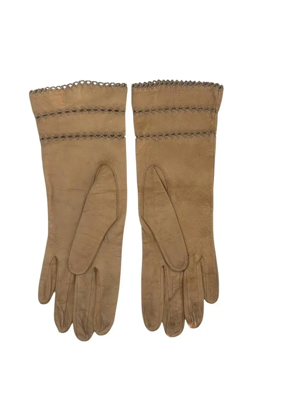 Vintage Soft Light Brown Leather Gloves with Embroidery, Gauntlet Length